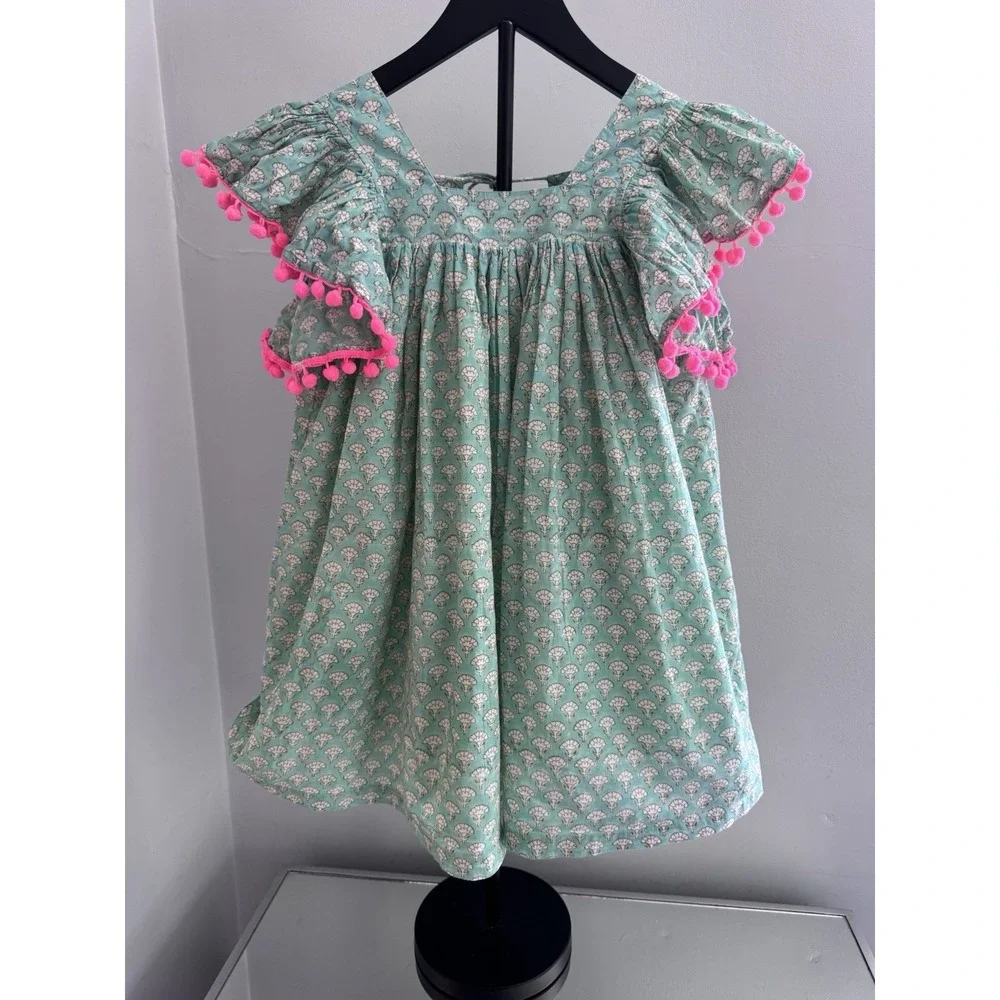 Paisley Magic Girls Dress 5 Green Block Print Pom Trim Boho Cotton India